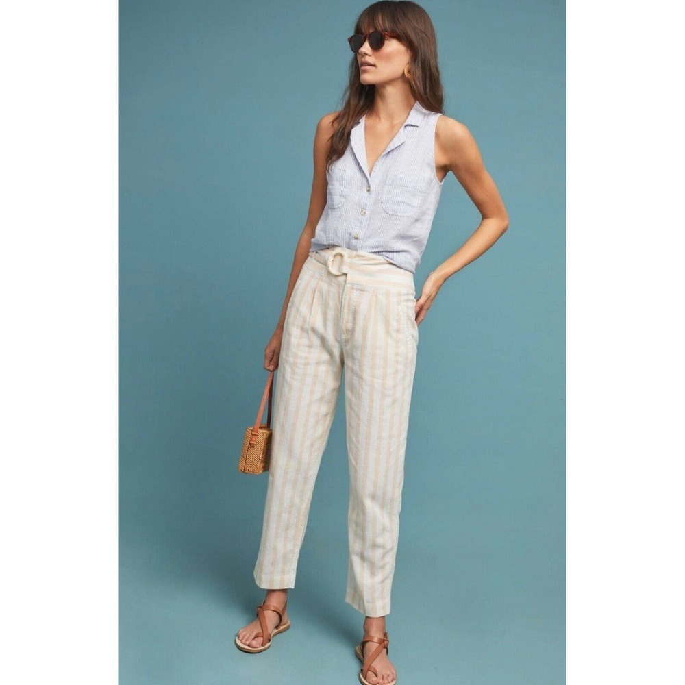 Anthropologie Size 10 Linen Striped Pink White Oasis Slim leg Belt D-Ring Pant